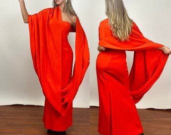 Vintage 1990s Designer Oscar de la Renta Silk Red/Orange Strapless Formal Evening Gown w Matching Infinity Drape Shoulder Wrap, Black Tie