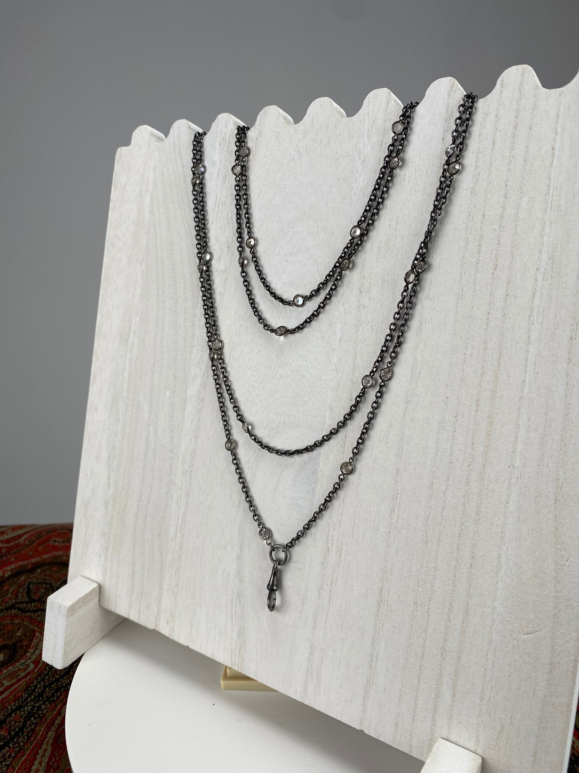 Antique Edwardian Long Watch Chain Necklace With Bezel Set