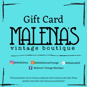 Tarjeta de regalo de Malena's Vintage Boutique / Cumpleaños / Día de la Madre / Aniversario / Boda / Aniversario / Navidad / Hanukkah / Kwanzaa / Holi