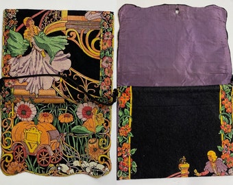 Rare Vintage 1920s unique Cinderella clutch with screen printed or block printed design on black wool felt, tapestry bar purse handle