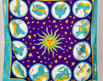 Vintage 1960s Zodiac Astrology Burmel Scarf Teal Purple Gold Silk Rayon Scarves scarf Whimsical Star Signs Horoscope As Is