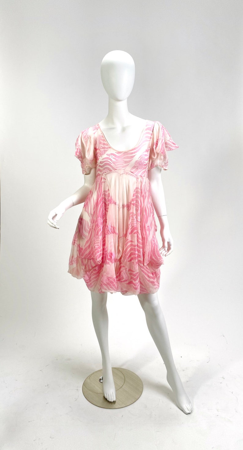 Vintage Designer Zandra Rhodes London silk painted flowing bubble hem mini dress with empire waist image 5