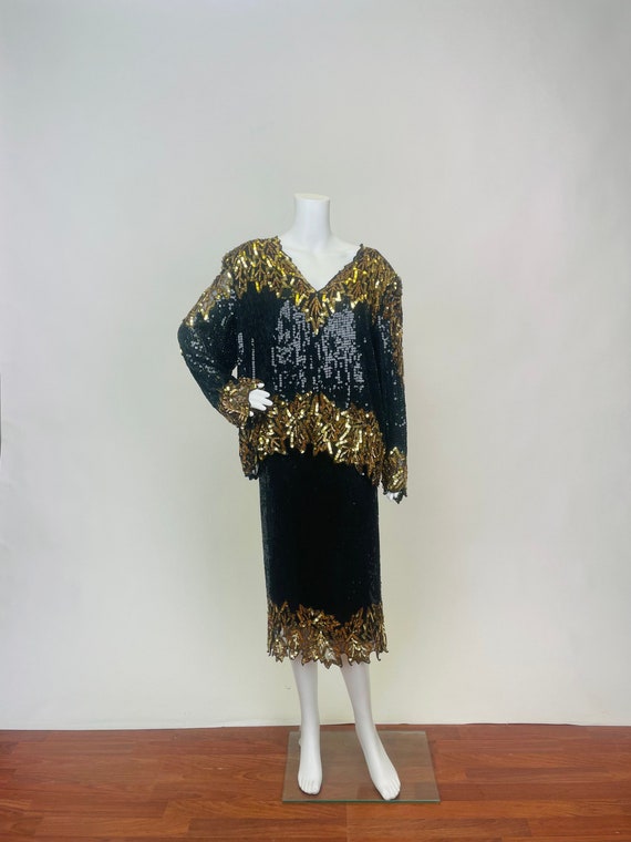 Vintage 1980's Does 1920's Sequins Blouse and Ski… - image 2