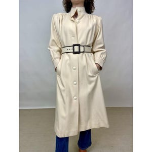 Vintage Yves Saint Laurent Cream Full Length Coat Rive Gauche Wool Silk Lining with Belt