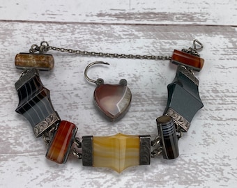 Victorian Antique Sterling Silver and Scottish Agate Mourning Bracelet with Heart Padlock and Woven Hair 1880s Memento Mori