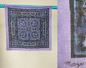 Vintage 1960s Designer Monique Purple Blue and Black Abstract Printed Hanky Handkerchief
