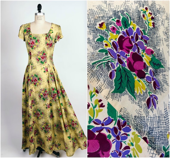 SALE Vintage 1940s Floral Thatched Yellow Full Length Rayon