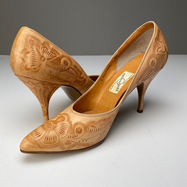 Rare Vintage 1950s Hand-Tooled Genuine Cowhide Leather High Heels by Fernandez | Made In Mexico | Size US 6.5 7 | Chicana Culture