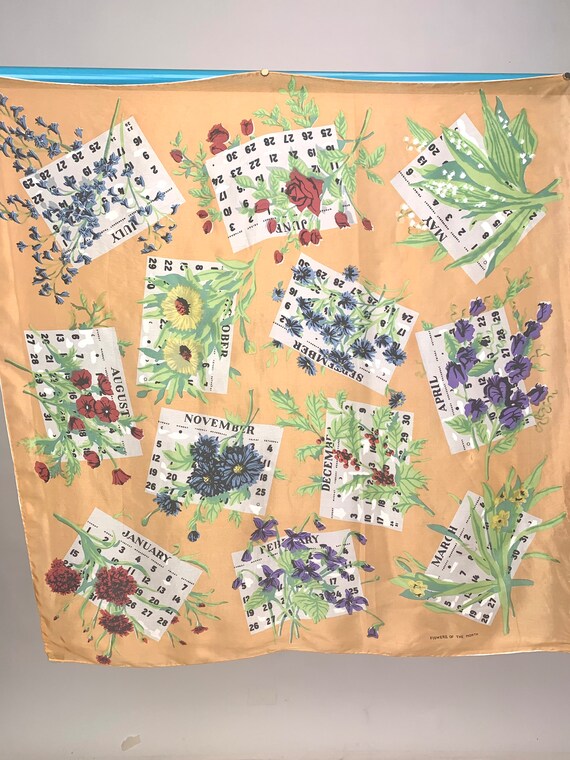 RARE Flowers of the Month Calendar Vintage Silk Scarf… Gem