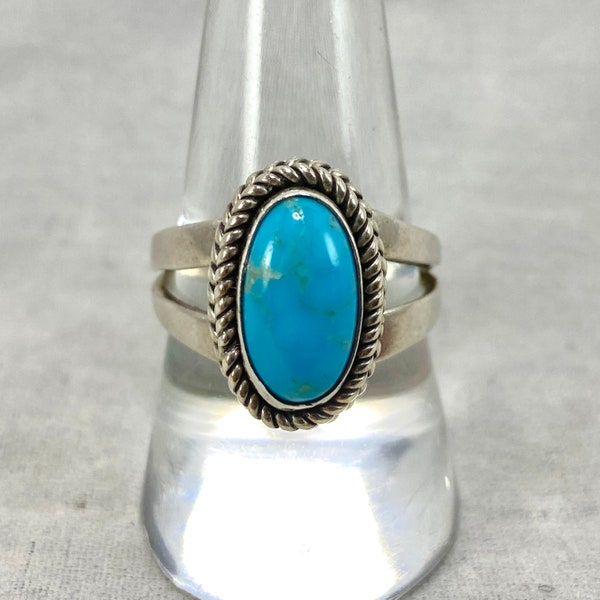 Vintage Sterling Silver Turquoise Ring Signed Richard CRJ Little Yellowhorse Navajo Native American Blue Boho Hippie Southwestern