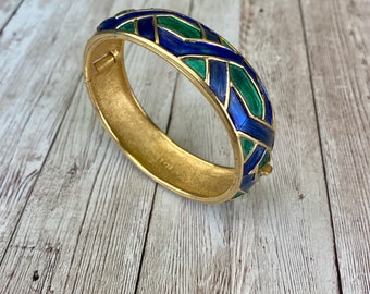 Boucher Gold Tone Metal Bangle with Blue and Green Enamel Geometric Design hinged opening Bracelet