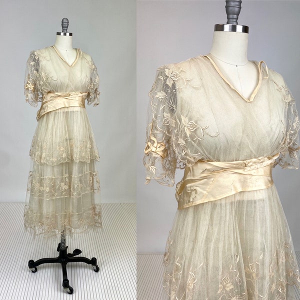 Antikes Vintage 1910s Edwardian Cremefarbenes Seiden- und Netzkleid mit Erdbeerstickerei und Bögen Titanic-Ära