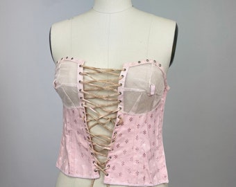 Rare Vintage early 1900s Spirella Corset front, bustier, lace up undergarment, body shaper, pale blush pink