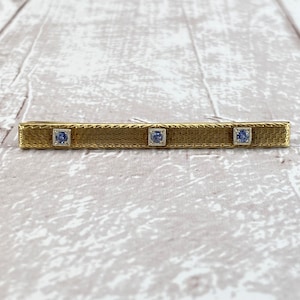 Antique 14k solid yellow gold bar collar or stock pin with engraving and pale blue faceted stones