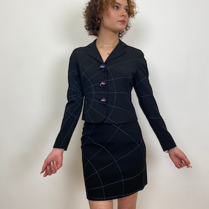 RARE Vintage Designer Moschino 1990s Two-piece Skirt Suit Set Special Globe Compass Buttons Compass Design Details The Nanny Black Blue