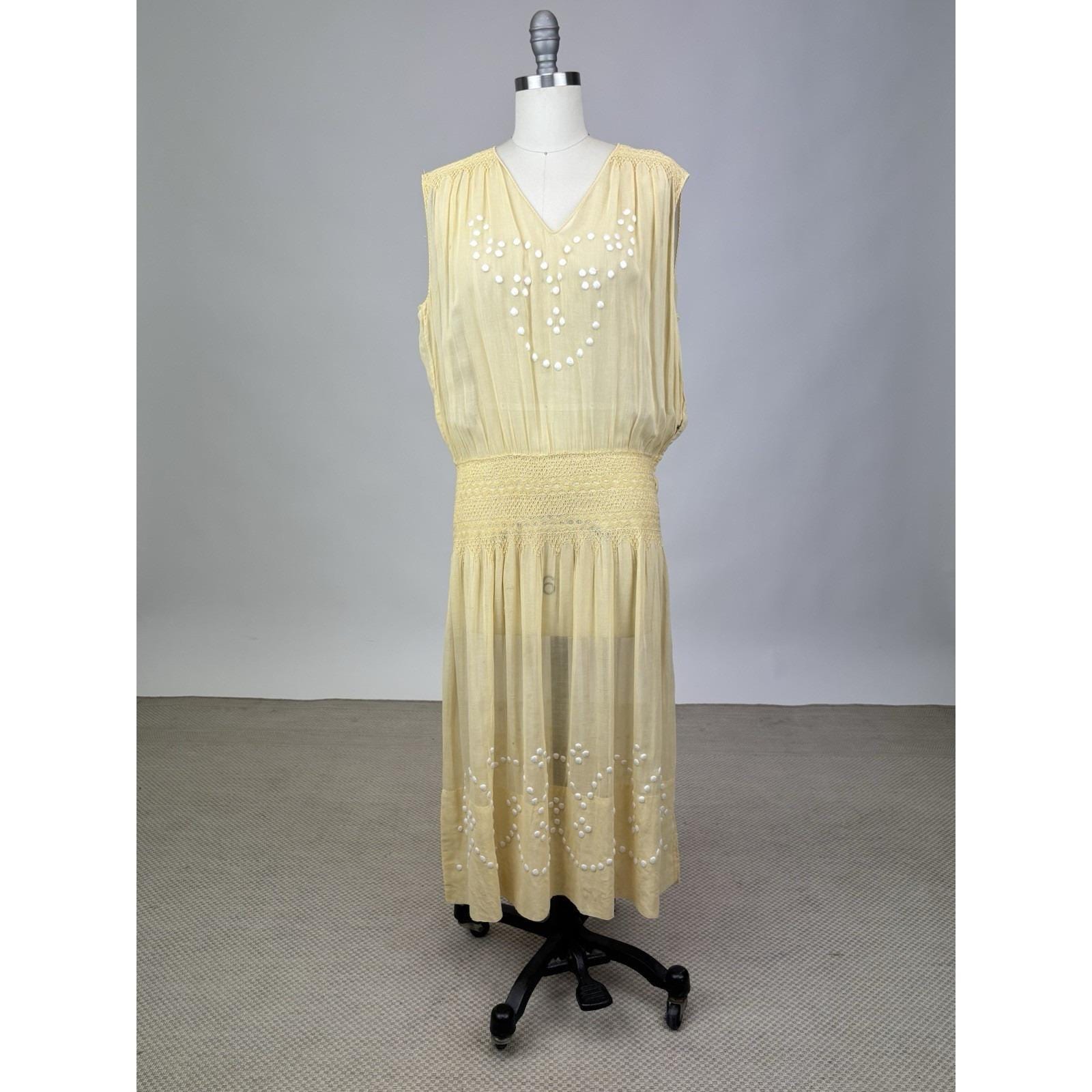Antique 1920s Eastern European Smocked Dress Yellow Embroidered