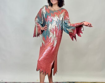 Vintage 1980s Sequins Maharani Dress Pink Blue and Silver Silk and Sequins Flame 1980s does 1920s New Years Eve Dress