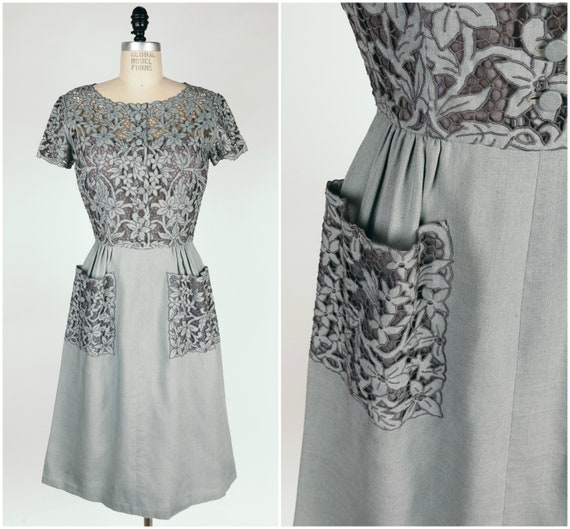 Vintage 1960s Mad Men Style gray blue linen cockt… - image 1