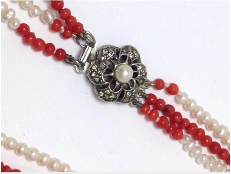 Vintage Multi Strand small pearl and red coral beaded necklace with silver Marcasite and Pearl clasp