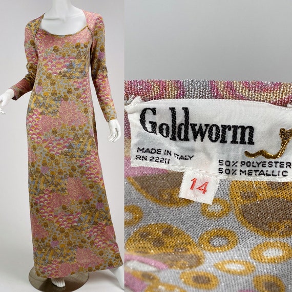 Vintage 1970s Goldworm optical print sparkle maxi