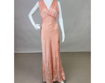 Antique 1930s Pink Silk Slip Dress Night gown Full Length Stitch Pleats AS IS
