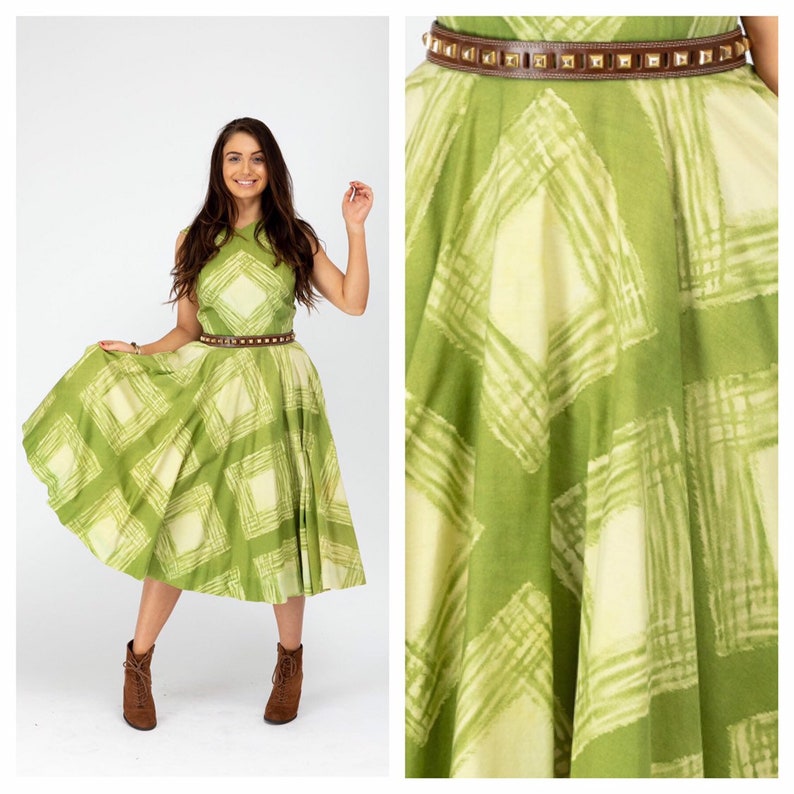 Amazing Vintage 1950s Green Windowpane Plaid Print Cotton Shirtwaist Fit and Flare Dress with Built-In Crinoline Pin up Rockabilly