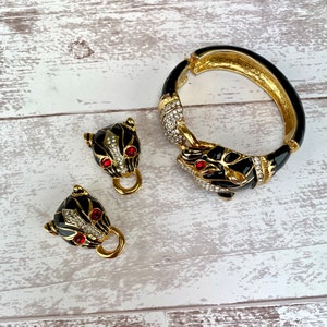 Vintage 1980s Unsigned KJL Panther Clamper Bracelet and Matching Earrings Set Gold Toned Black Enamel Red and Clear Rhinestones