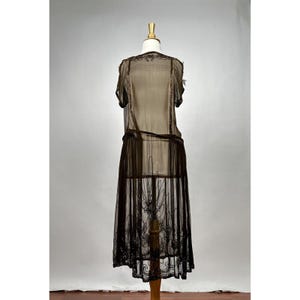 Antique art deco 1920s brown silk chiffon flapper dress glass beading AS IS Wounded Bird