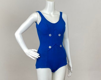 Authentic Vintage 1950s one piece Bright Blue Knit Cotton Bathing Suit Lucite Plastic Buttons Swim Suit Pin up photo shoot