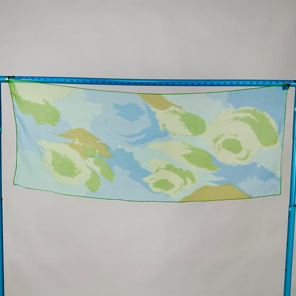 Vintage Silk Chiffon & Vinal Rectangle Scarf Floral Marble Green Blue Made in Japan