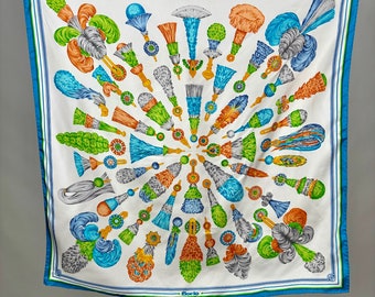 Vintage Fiorio Silk Scarf Novelty Print of Antique Feather Dusters Blue Orange Green