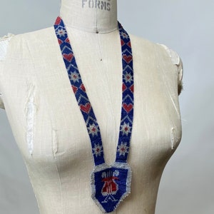 Antique 1920s Hand Micro Beaded Necklace with Stars Hearts and Harp or Lyre Flapper Style Great Gatsby Prohibition Era Art Deco as is