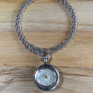 Antique Victorian Coin Silver Addison Ladies&#39; Pocket Watch with Butterfly Engraved Case in AS-IS Condition for Parts & Repair w/ 925 Chain