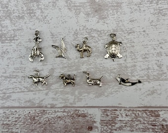 Assorted Vintage Silver Charms Animals Lobster Dogs Fish Birds Whales Sea Turtle Camel Labrador Retriever Schnauzer Scottish Terrier
