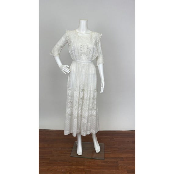 Antique Edwardian 1910s White Cotton Lace Embroidered Dress 3/4 Sleeves As Is