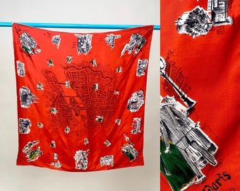 Vintage History of Paris France with landmarks and map with figures and dates, novelty print silk  souvenir scarf