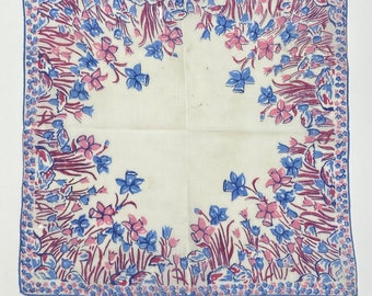 Vintage 1930s hankie Handkerchief novelty print hankyTulips Flowers Pink and Blue