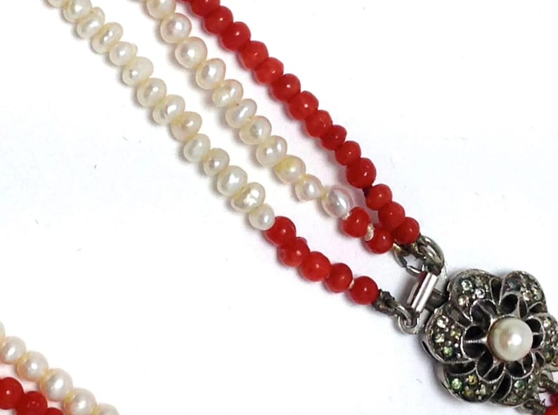 Vintage Multi Strand small pearl and red coral beaded necklace with silver Marcasite and Pearl clasp