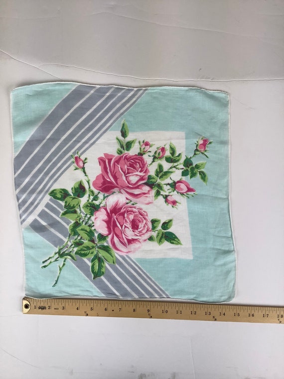 Classic 1950s Floral Pink Rose Square Hanky or Ha… - image 2