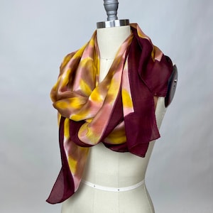 Large Vintage Silk Scarf with Brushstroke Abstract Painted Flowers Orange Pink Yellow Brown Maroon Art to Wear