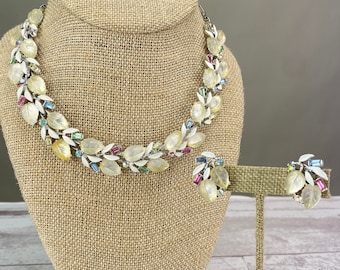 Vintage 1950s Signed Lisner opalescent lucite clear colorful Necklace Earrings set with pastel rhinestones Leaves Floral Costume Jewelry