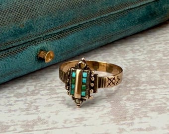 Antique Victorian 10k Gold Sugarloaf Turquoise & Freshwater Seed Pearl Statement Ring Size 7 AS IS