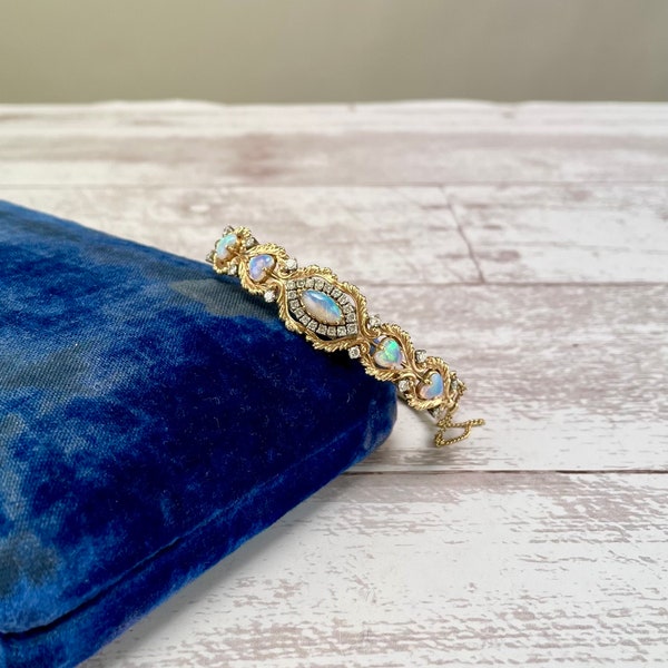 Vintage 1960s 14k Gold Opal & Diamond Victorian Rococo Revival Hinged Bangle Bracelet