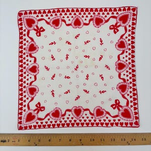 Vintage Valentine&#39;s Day novelty hankie Handkerchief Hanky Red lace bows Hearts Love red and white