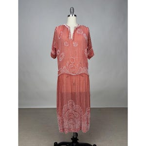 1920s Vintage Real Art Deco Flapper coral white beaded antique summer dress Wounded Bird AS IS