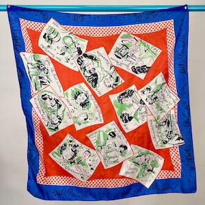 Special Vintage 1940s 1950s Glentex Silk Scarf with Song Titles and Photo Depictions | Red White and Blue Novelty silk scarf