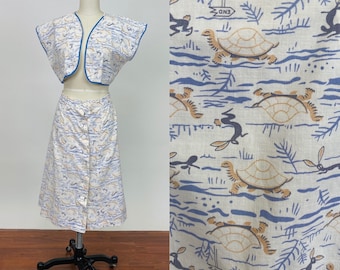 Vintage Handmade 1940s Cotton Tortoise and the Hare Novelty Printed Linen Set Bolero and Skirt Turtle and Rabbit Blue and Orange