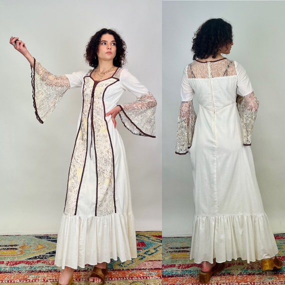 Vintage 1970s White and Brown Full Length Dress B… - image 1