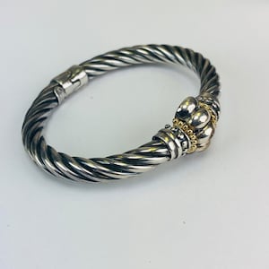 Vintage 1980s Signed Designer Fili Menegatti Two Toned Sterling Silver & 14k Gold Twisted Cable Hinged Cuff Bracelet 925 marked ITALY