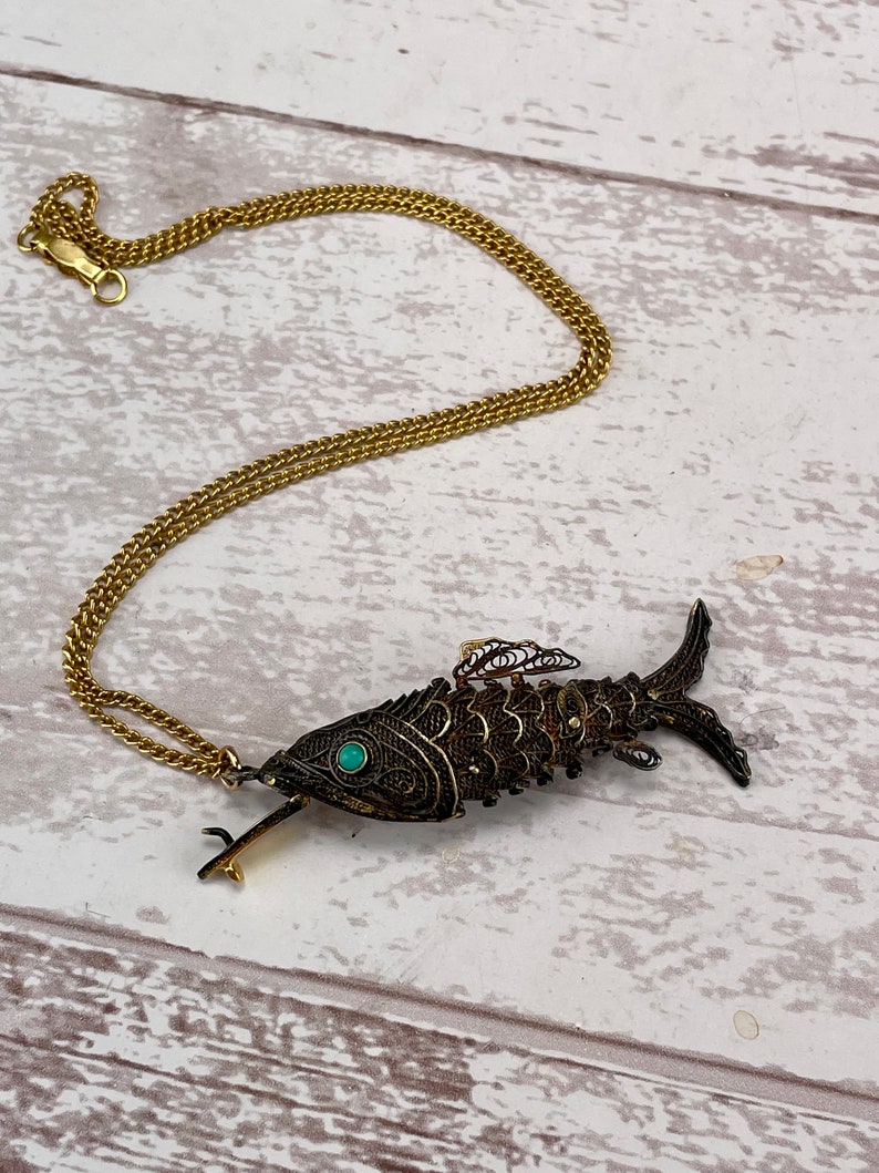 Vintage Silver Gilt Articulated Fish Pendant Necklace With Turquoise ...